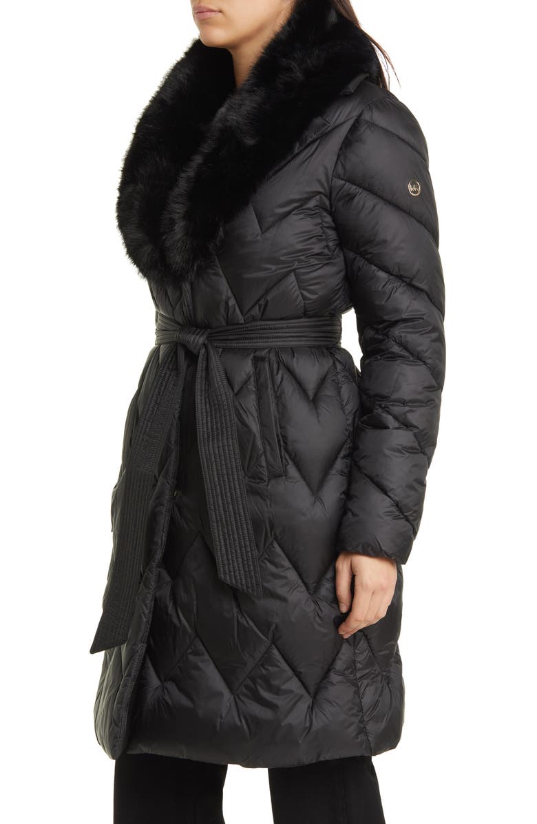Michael Kors Faux Fur Collar Diamond Quilted Coat, Alternate, color, 