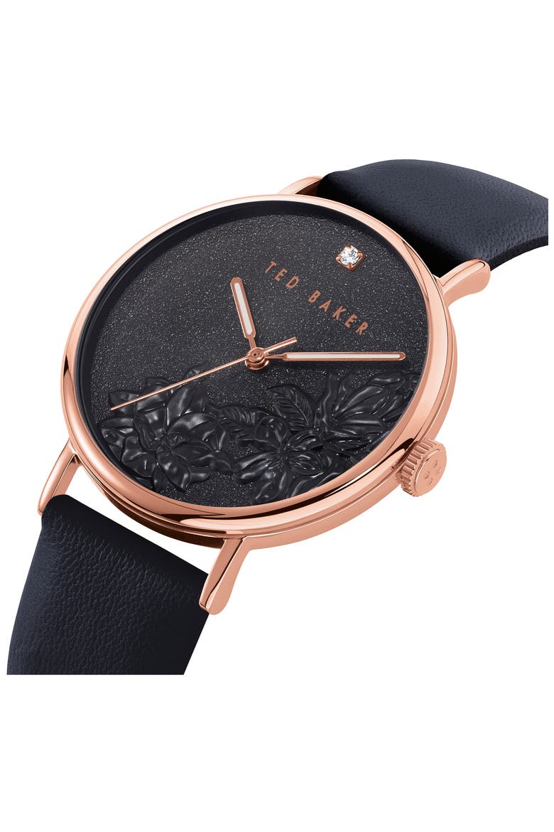 Phylipa Flowers Leather Strap Watch, 37mm, Alternate, color, BLACK/ ROSE GOLD