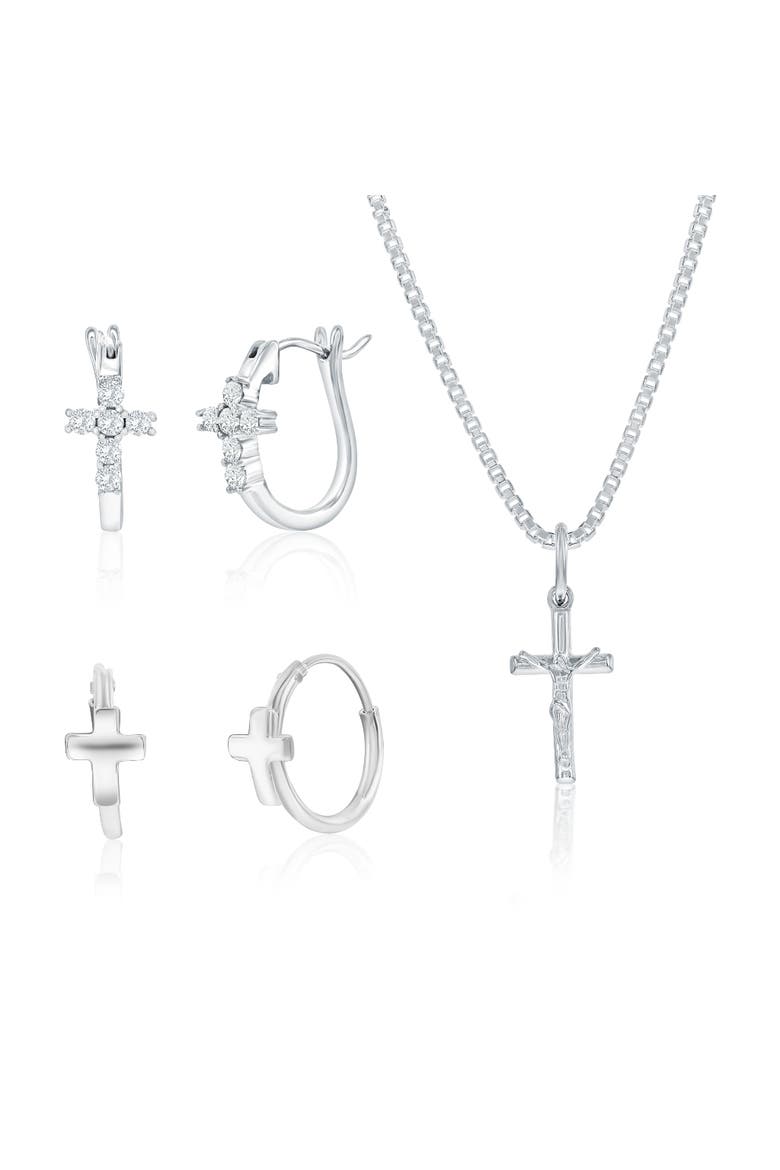 Sterling Silver Cross Necklace & Cross Earrings Set, Main, color, Silver