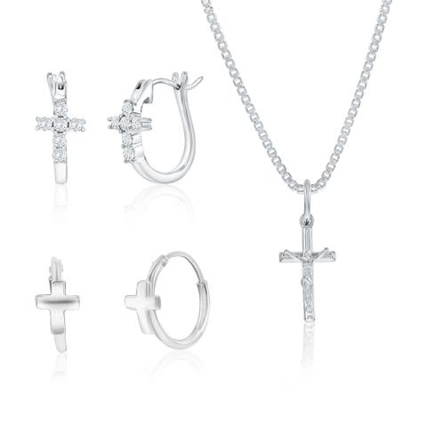 Sterling Silver Cross Necklace 
Cross Earrings Set