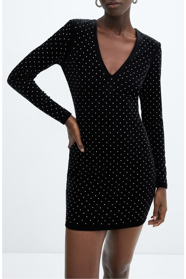 Rhinestone Long Sleeve Velvet Minidress, Alternate, color, BLACK