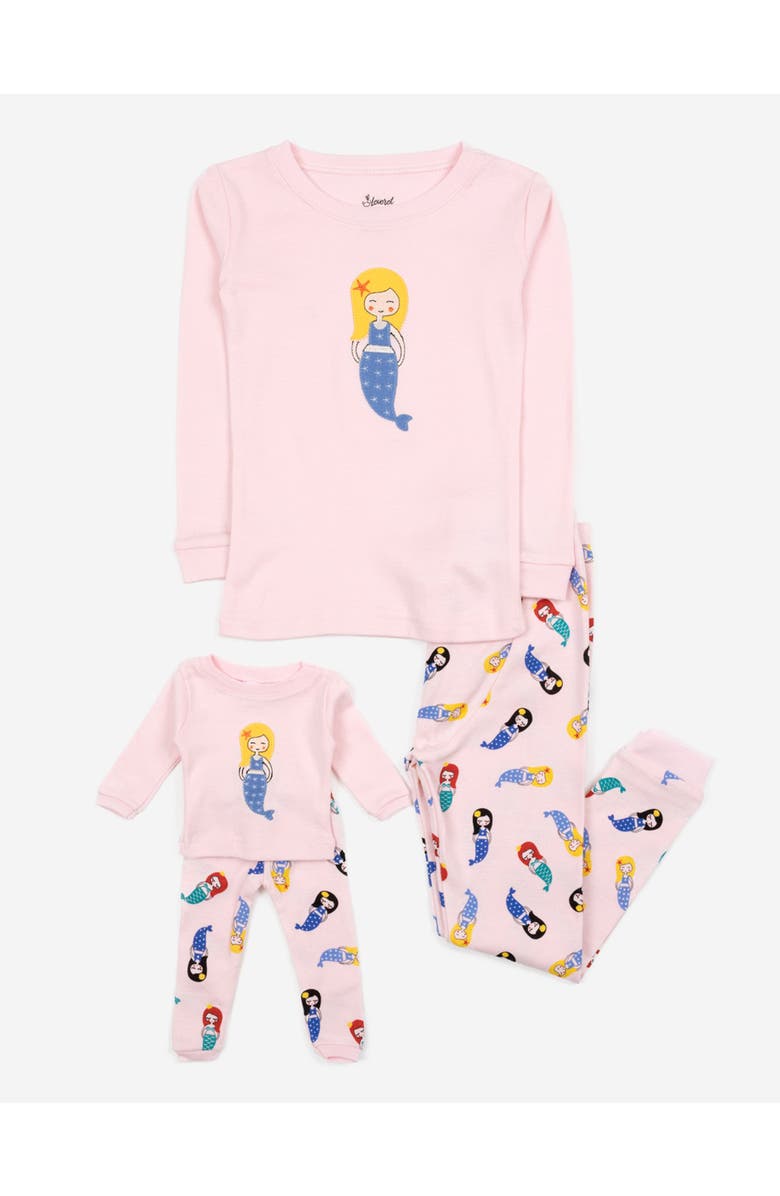 Leveret Girls 2-pc. Cotton Pajamas with Matching Doll Accessory - Unicorn & Fantasy Prints, Main, color, Mermaid Light Pink