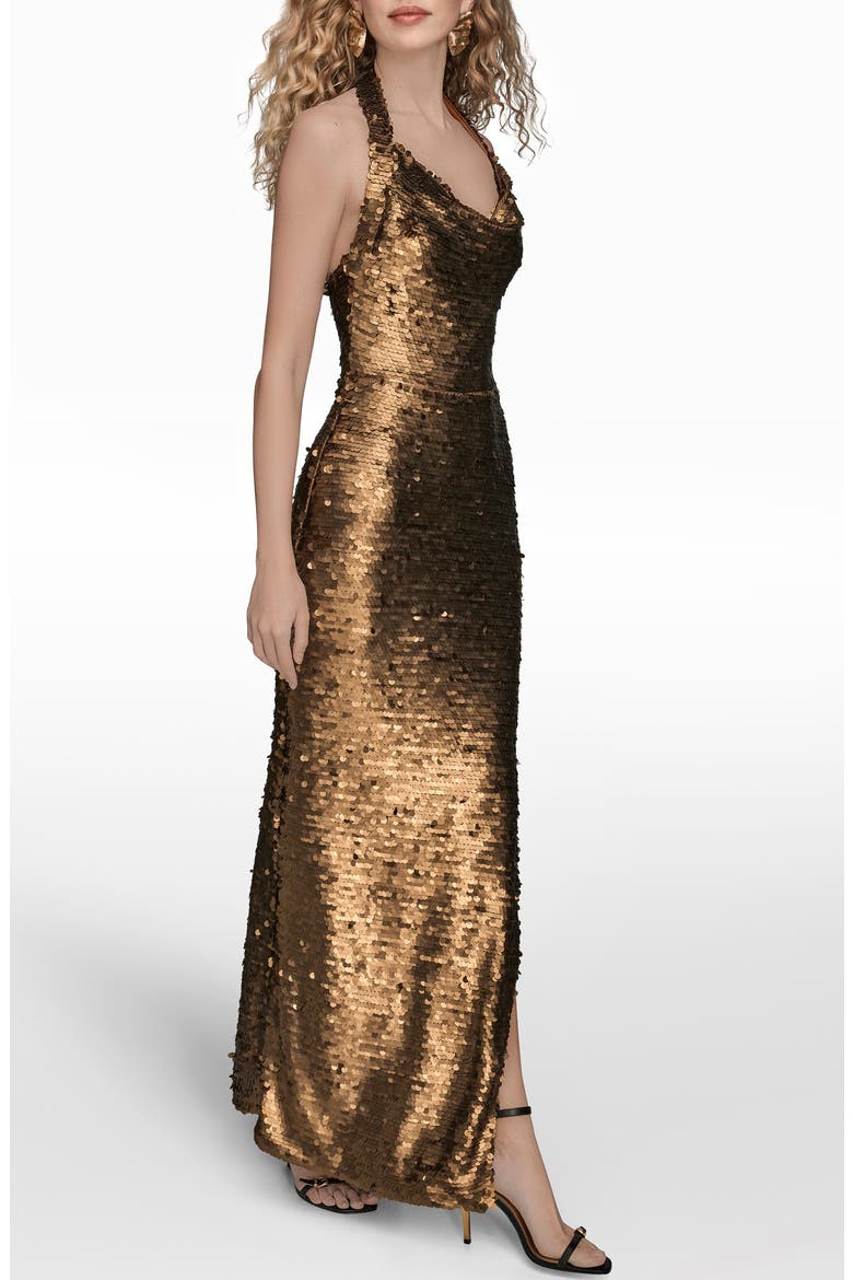Paillette Cowl Neck Halter Gown, Alternate, color, VICUNA
