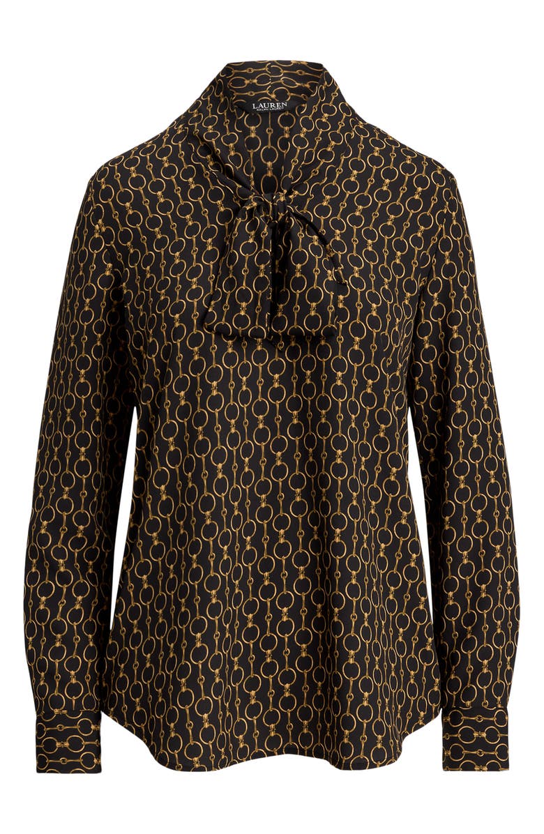 Lauren Ralph Lauren Chain Print Tie Neck Crêpe de Chine Top, Alternate, color, Black Multi