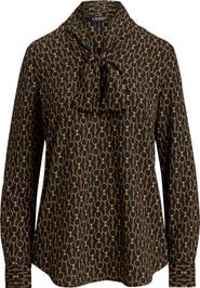 Lauren Ralph Lauren Chain Print Tie Neck Crêpe de Chine Top