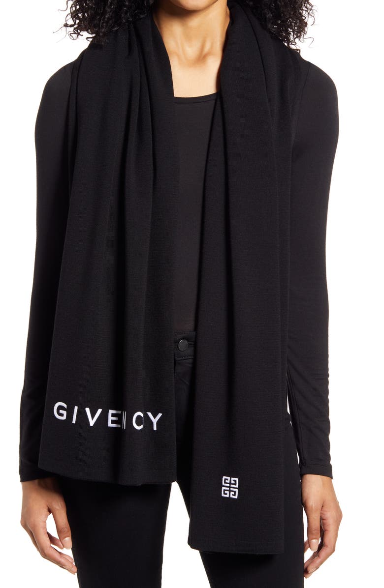 Givenchy Logo Embroidered Wool Scarf, Alternate, color,