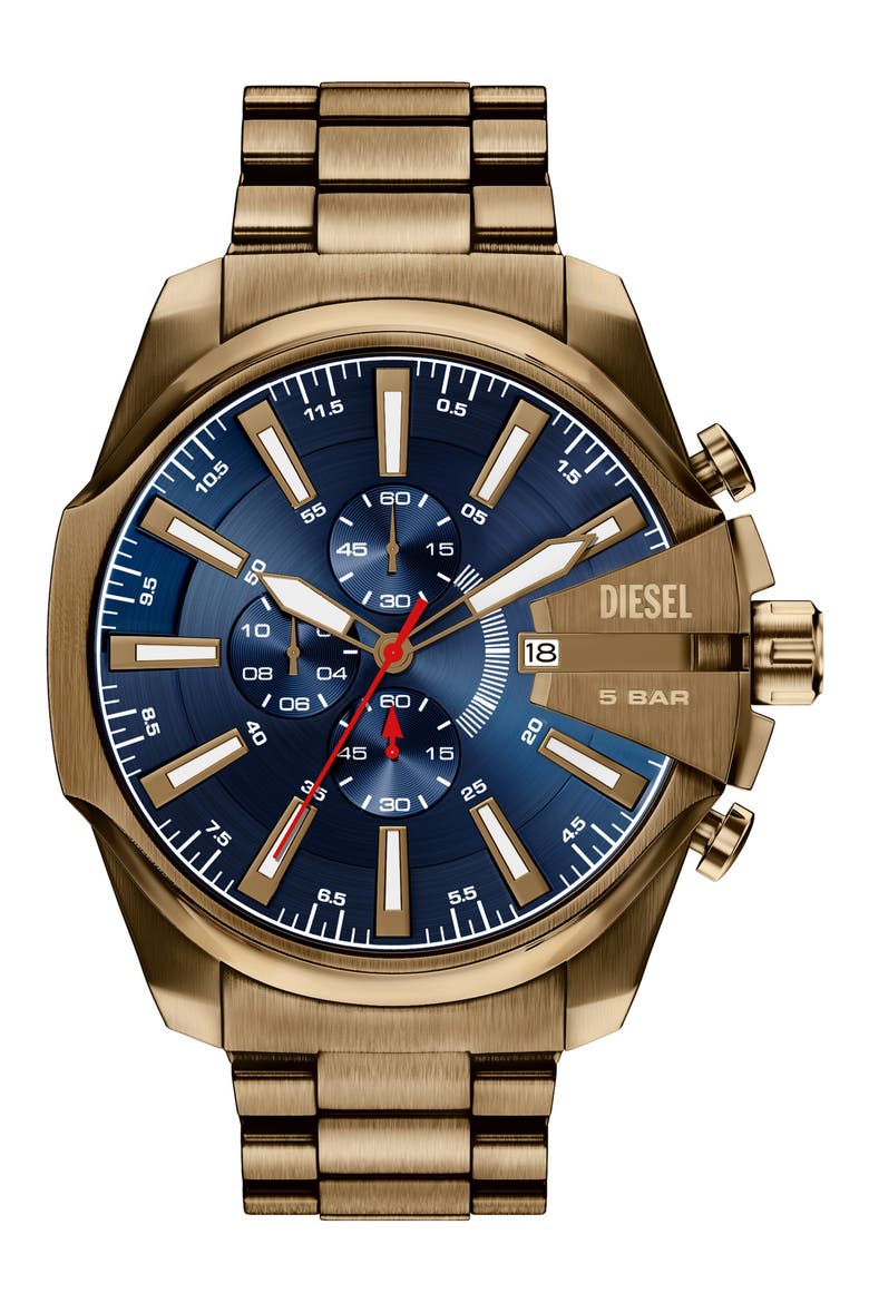 Mega Chief Slim Chronograph Bracelet Watch, 48mm, Main, color, ANTIQUE GOLD/ NAVY