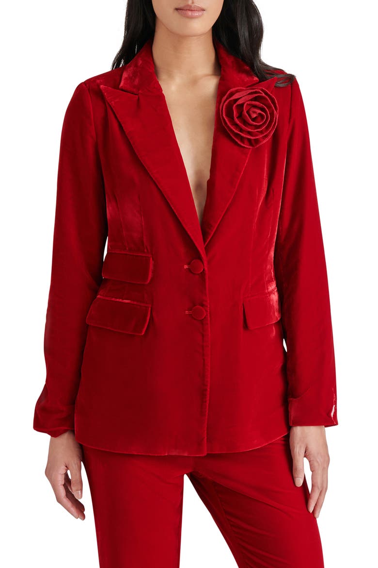 Merene Rosette Detail Velvet Blazer, Main, color, RED VELVET