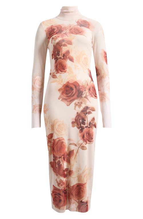 Afrm Shailene Print Long Sleeve Mesh Body-con Midi Dress In Brown