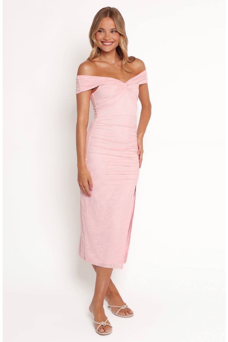 Vada Off the Shoulder Midi Dress, Alternate, color, PINK LACE