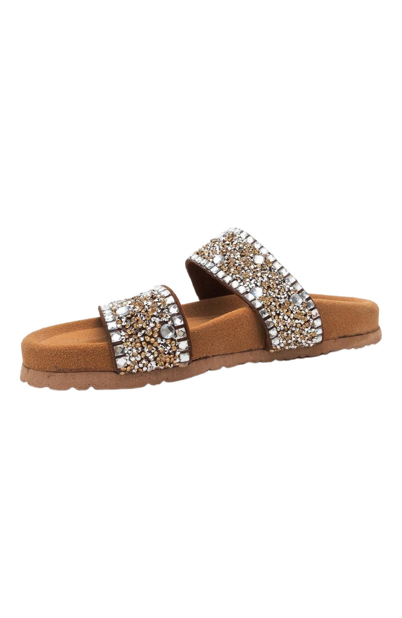 Forever & Always Shoes Jamie Leather Double Strap Slide Sandal with Stones, Alternate, color, Cognac Leather