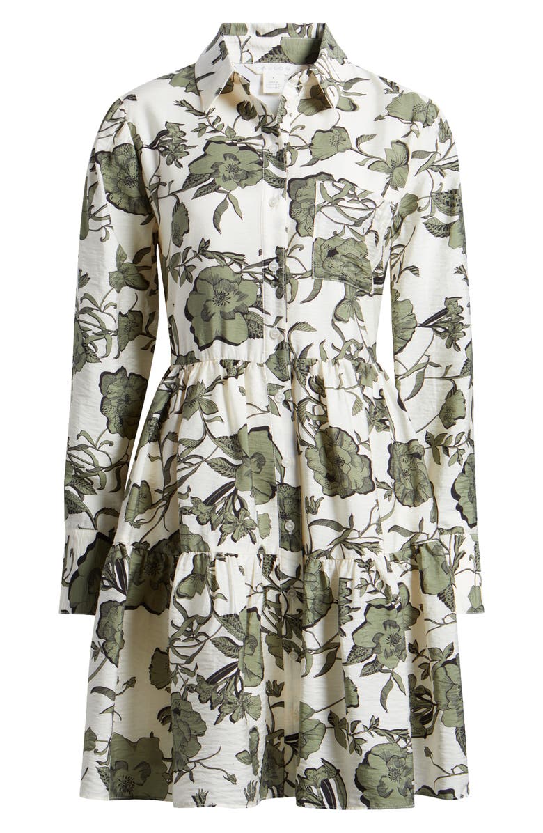 Caslon<sup>®</sup> Floral Print Long Sleeve Tiered Shirtdress, Alternate, color, Ivory- Green Sketched Floral