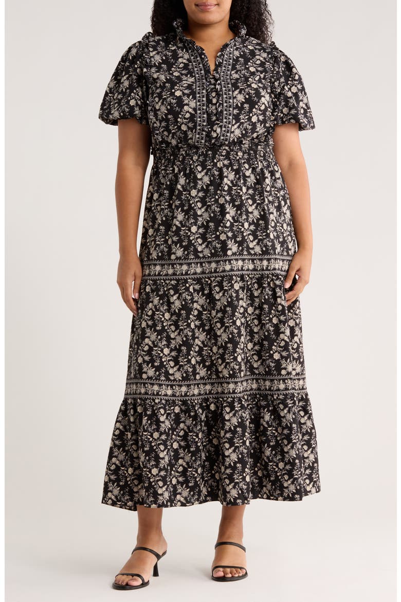 Bubble Sleeve Tiered Maxi Dress, Main, color, BLACK/ IVORY FLORAL