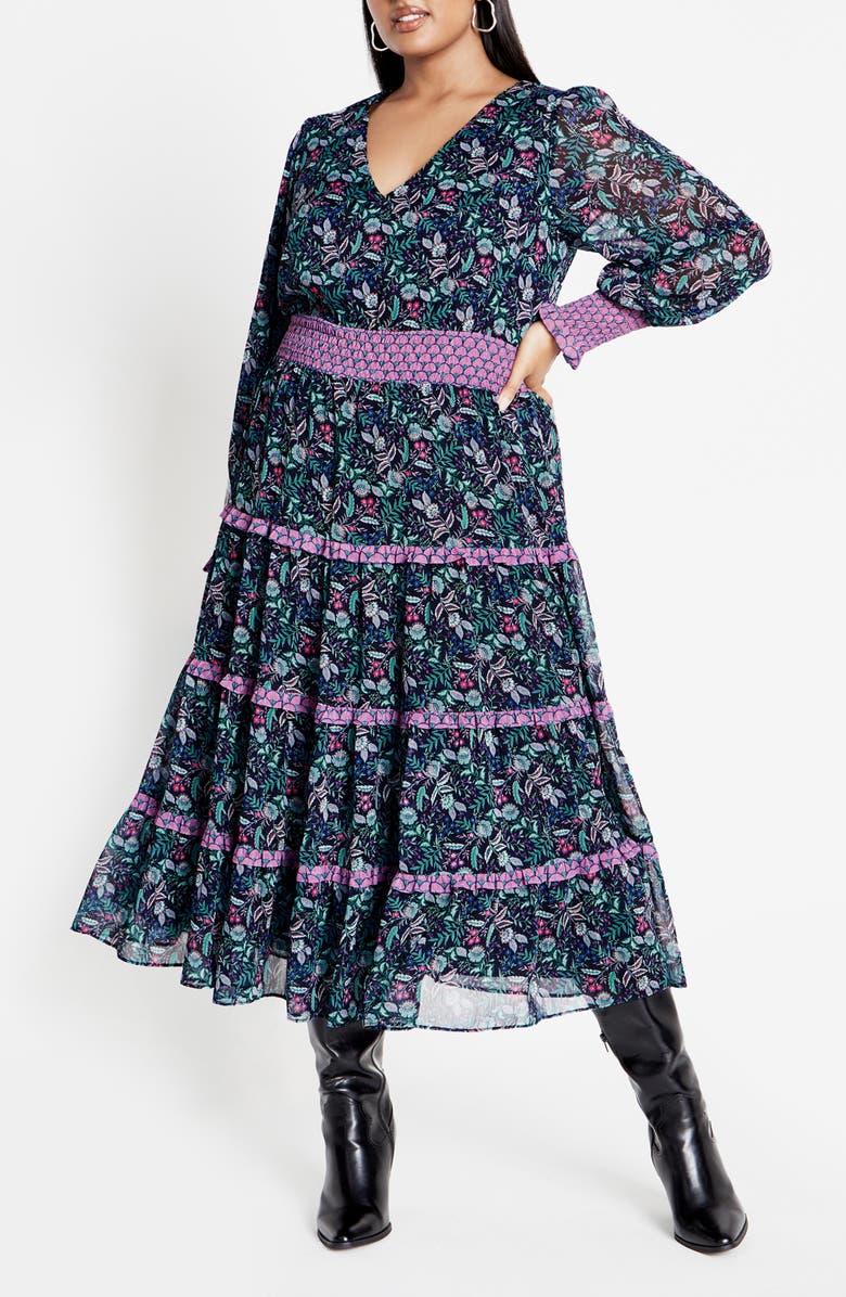 City Chic Ailani Floral Tiered Midi Dress, Main, color, Purple Floral