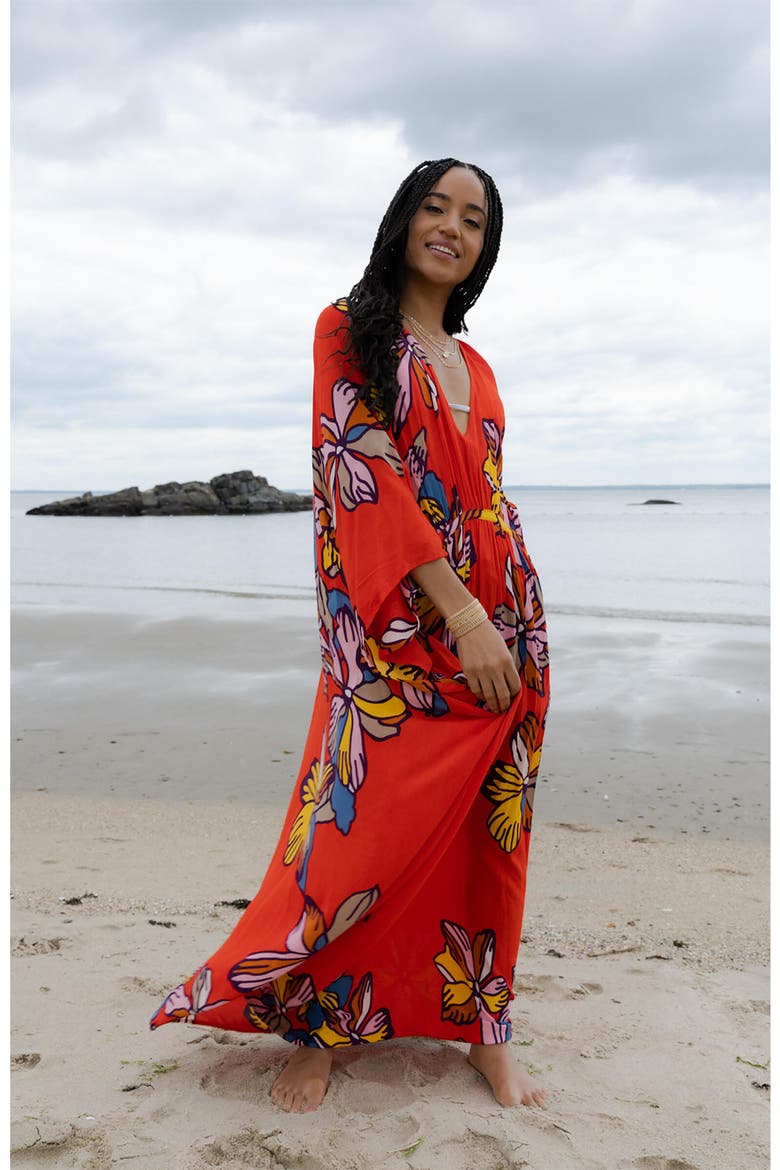 Floral Cover-Up Kaftan, Alternate, color, RED
