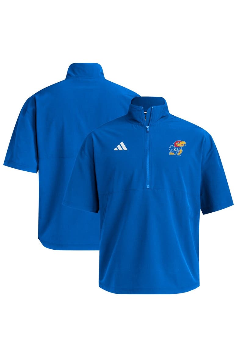 Men's adidas  Royal Kansas Jayhawks Woven Quarter-Zip Short Sleeve Pullover, Main, color, Royal
