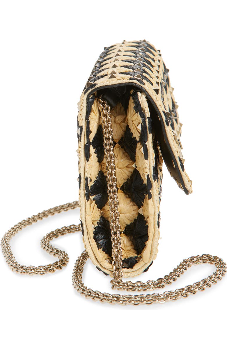 Valentino Garavani Rockstud Spike Check Raffia Shoulder Bag, Alternate, color, Natural/ Black