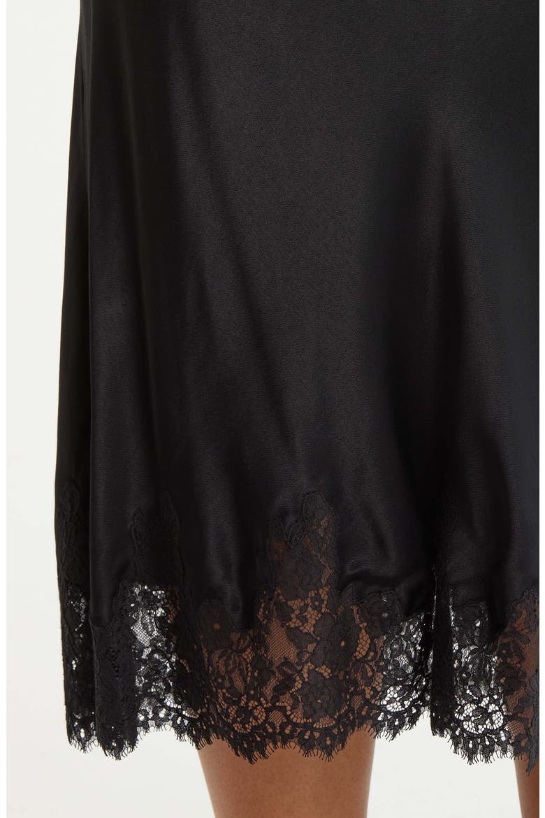 Lace Trim Satin Midi Skirt, Alternate, color, BLACK