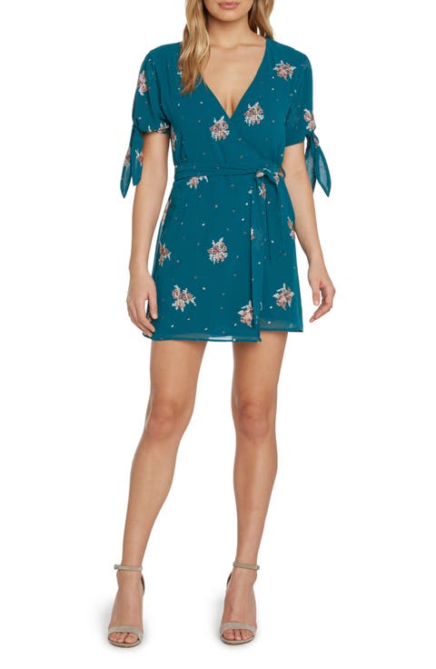 Tie Sleeve Embroidered Wrap Dress