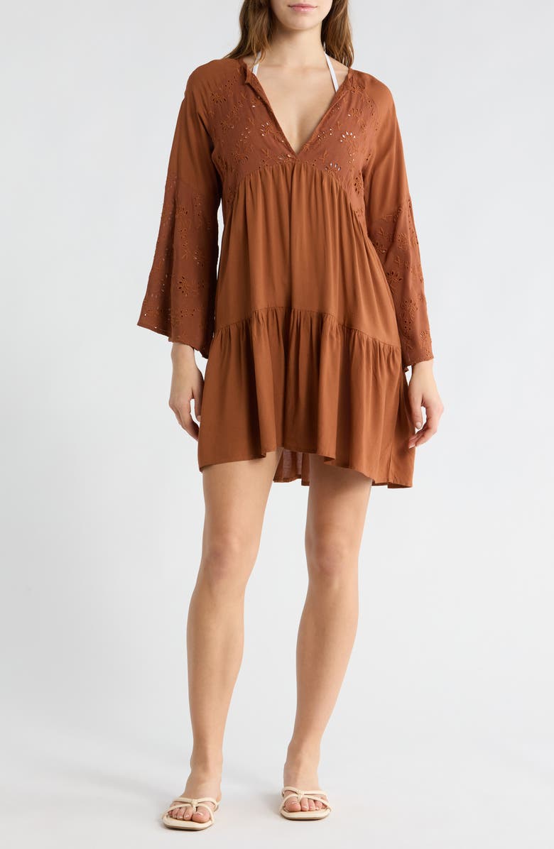 BOHO ME Eyelet Bell Sleeve Tunic, Main, color, Cappachino