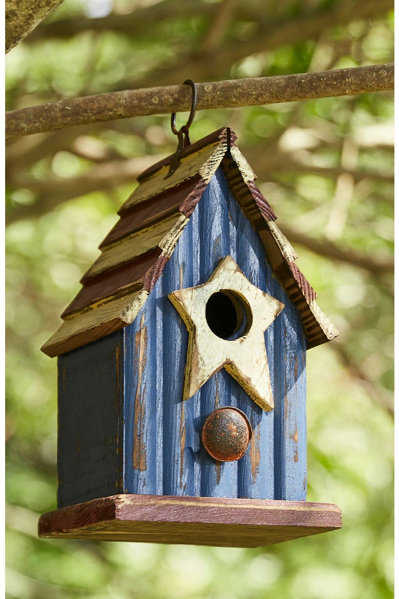 Patriotic Hanging Distressed Solid Wood Decorative Garden Birdhouse with Star, Alternate, color, Blue