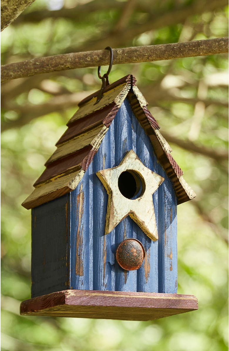 Glitzhome Patriotic Hanging Distressed Solid Wood Decorative Garden Birdhouse with Star, Alternate, color, Blue