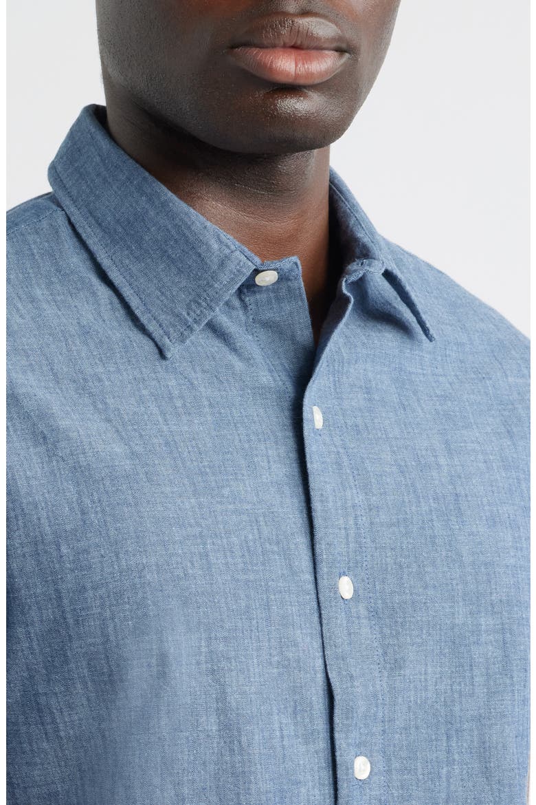 Men's Riviera Slim Fit Stretch Dot Short Sleeve Button-Up Shirt, Alternate, color, DARKWASH CHAMBRAY