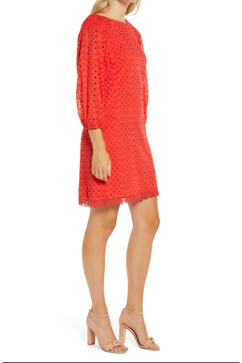 Long Sleeve Eyelet Poplin Shift Dress, Alternate, color, RED
