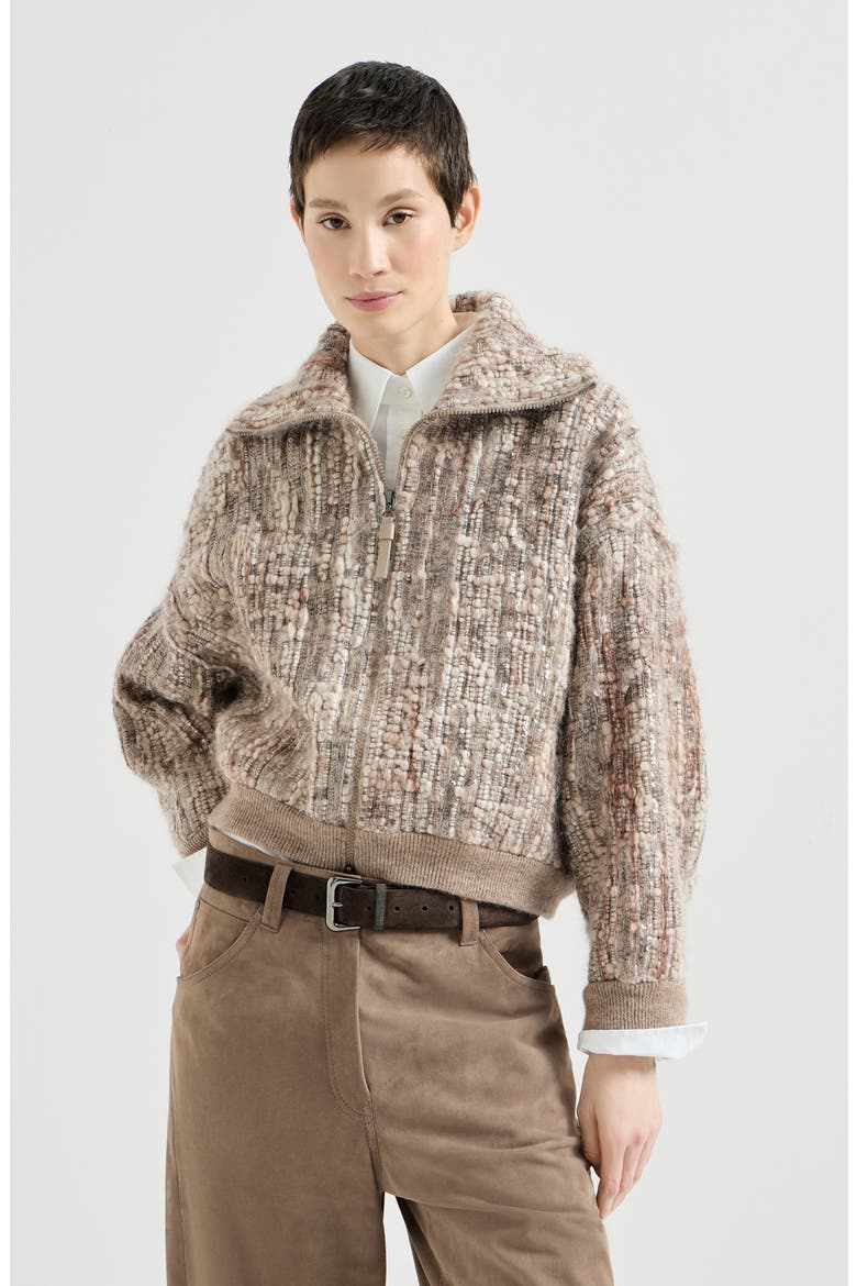 Dazzling tree bark embroidery cardigan in mohair and wool, Main, color, Beige
