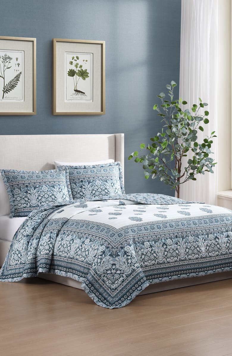 Bebejan Aquamarine Medallion Cotton Reversible Quilted Coverlet Set, Alternate, color, Blue