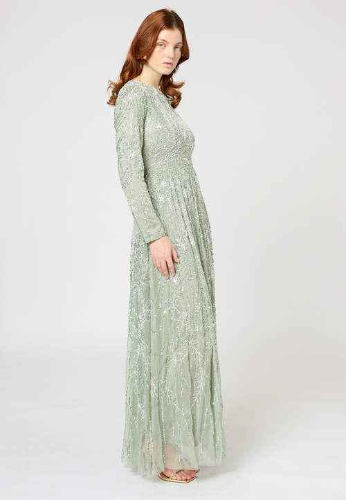 Shop Maryisa Occasion Modest Embellished Sequin Beaded Floral High Neck Evening Gown In Sage Green