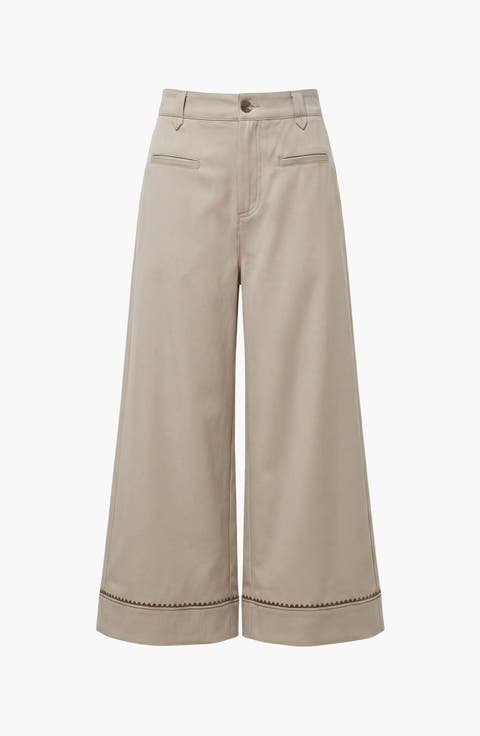 High Waist Wide Leg Pants with Embroidered Hem and Patch Pockets