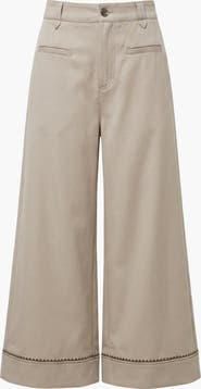 Modenaire High Waist Wide Leg Pants with Embroidered Hem and Patch Pockets