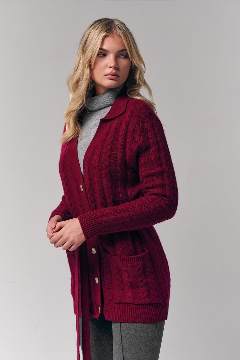 Cable-Knit Cashmere Belted Cardigan, Alternate, color, Burgundy
