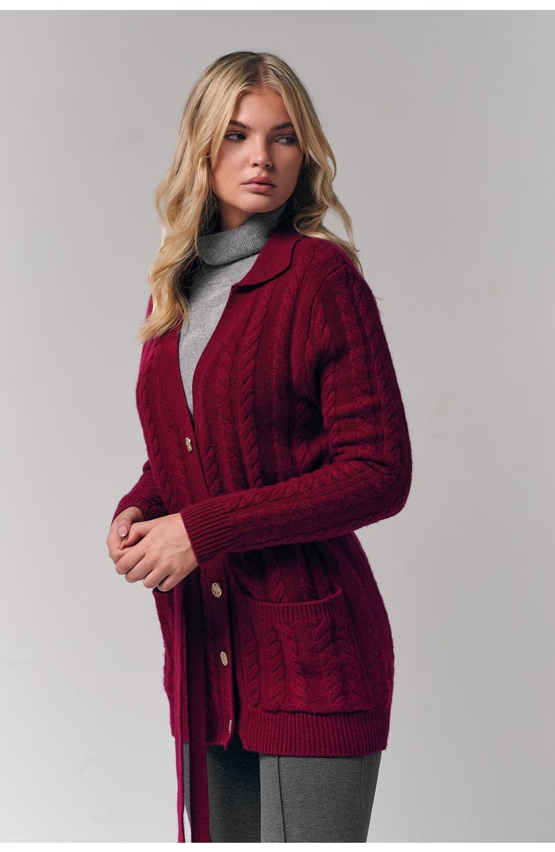 Le Fafo Cable-Knit Cashmere Belted Cardigan, Alternate, color, Burgundy