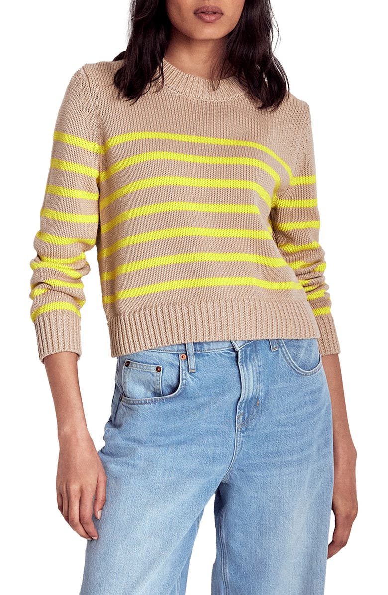 Boden Lucy Stripe Chunky Crop Cotton Sweater, Main, color, Camel Melange, Ivory Stripe