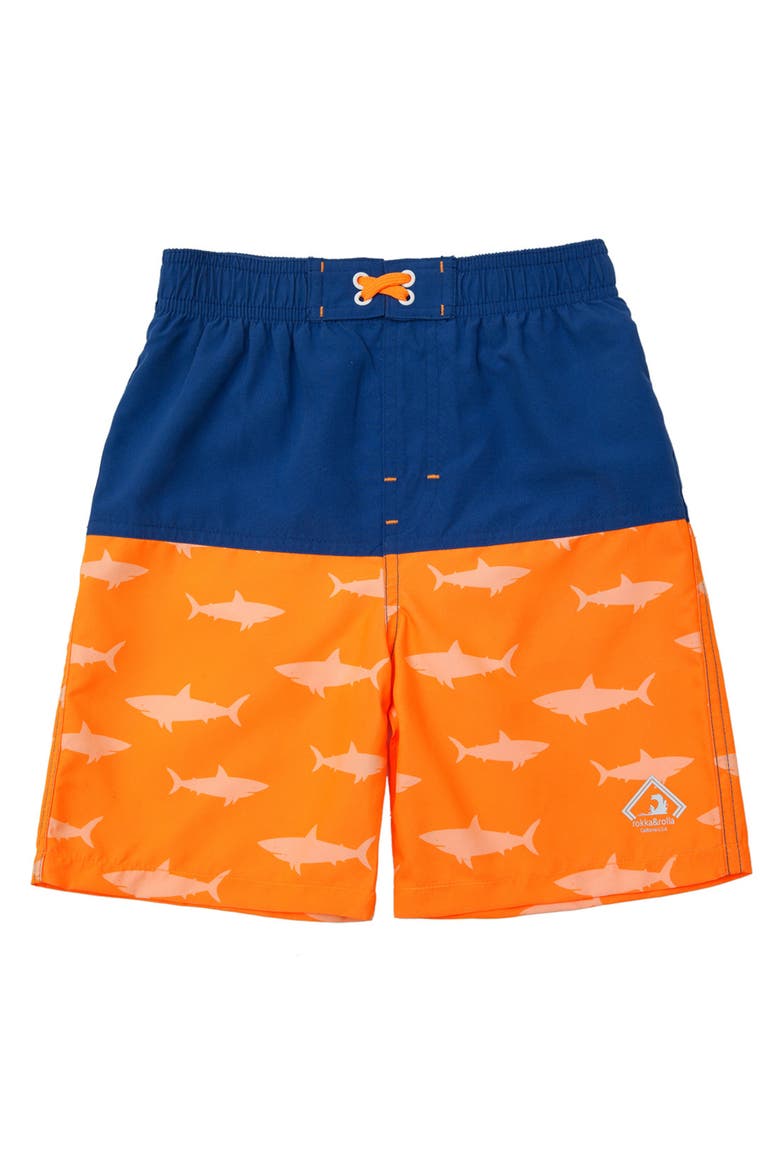 Swim Trunks with Mesh Lining UPF 50+, Main, color, Blue orange shark