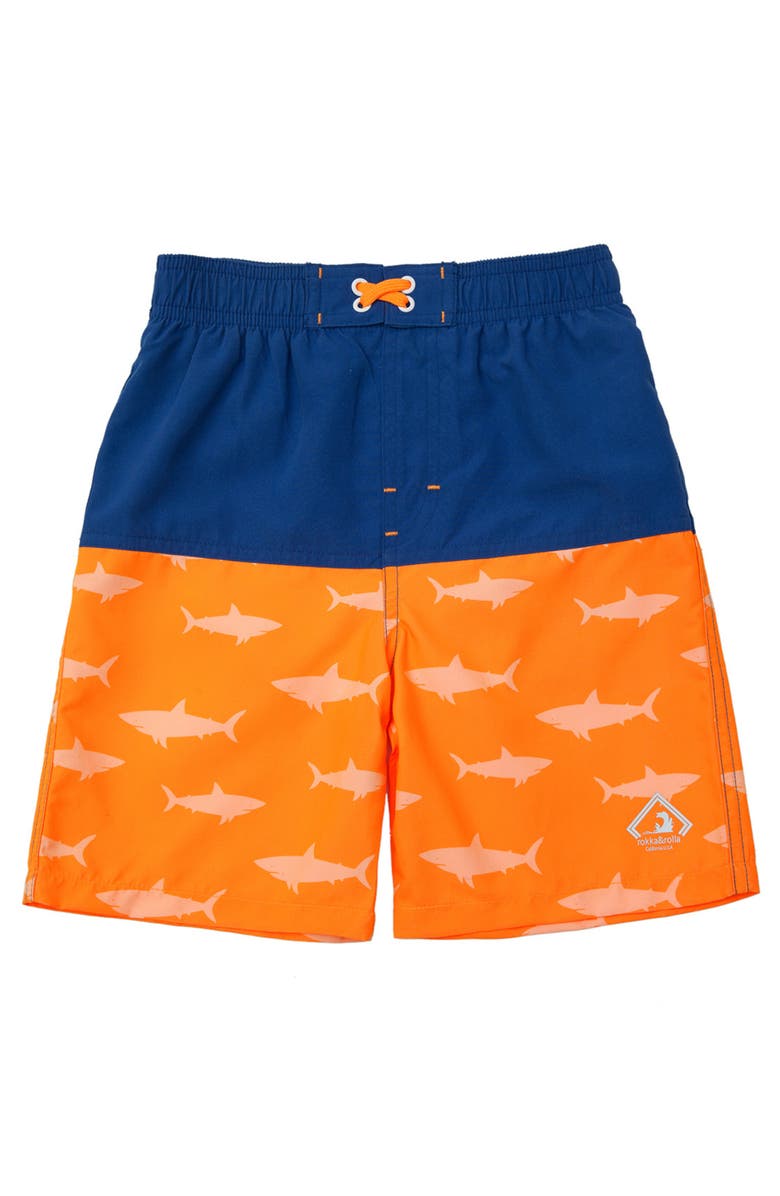 Rokka&Rolla Swim Trunks with Mesh Lining UPF 50+, Main, color, Blue Orange Shark