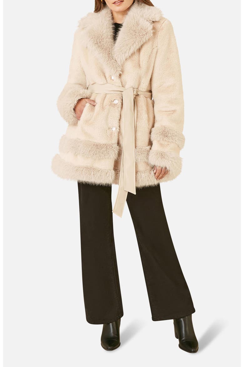 Luxe Faux Fur Tie Belt Swing Coat, Alternate, color, Cream