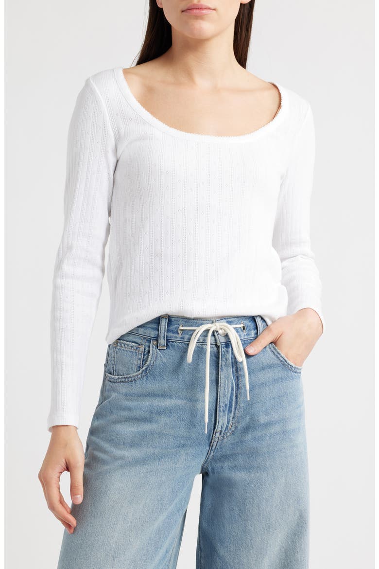 Long Sleeve Pointelle T-Shirt, Main, color, WHITE