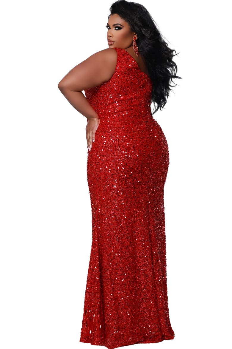 One-Shoulder Sequin Plus Size Evening Gown, Alternate, color, Ruby