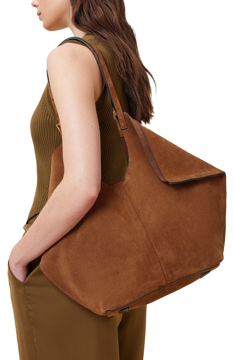 AllSaints Ara East West Suede Tote, Alternate, color, Cognac Brown