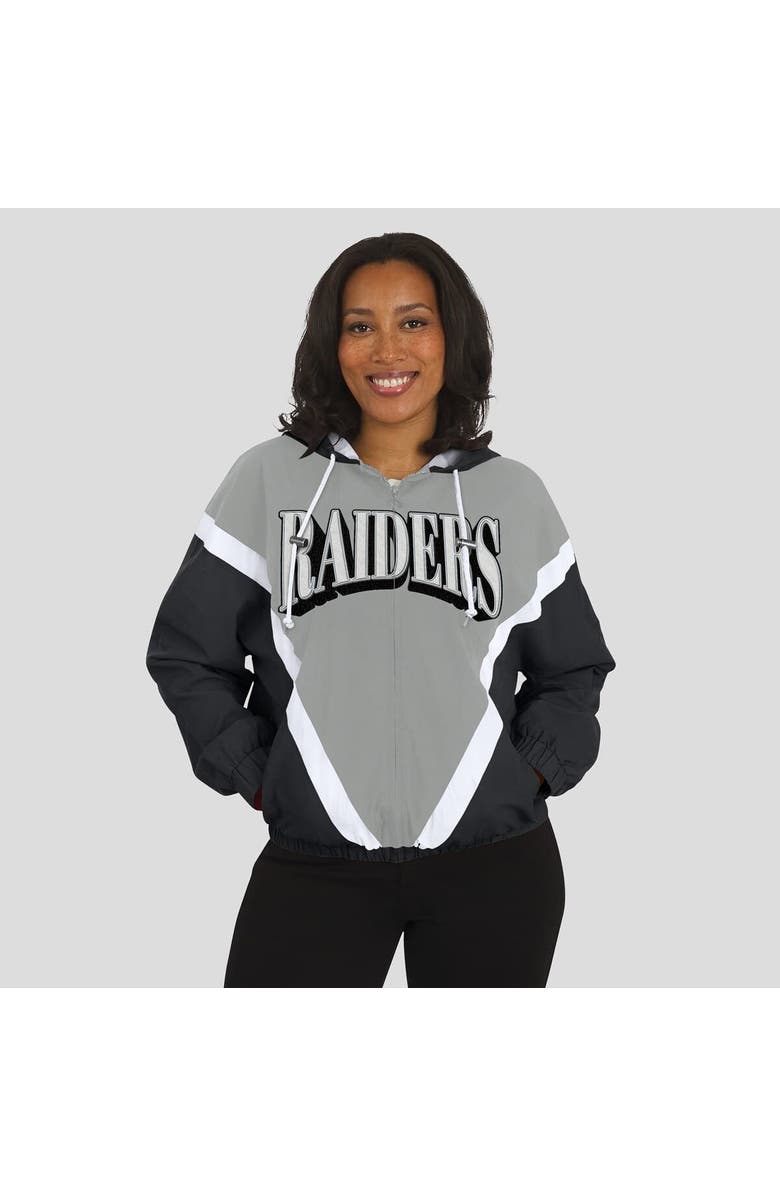 WEAR by Erin Andrews Women's WEAR by Erin Andrews Black/Silver Las Vegas Raiders Retro Crinkle Full-Zip Hoodie Windbreaker, Alternate, color, Black