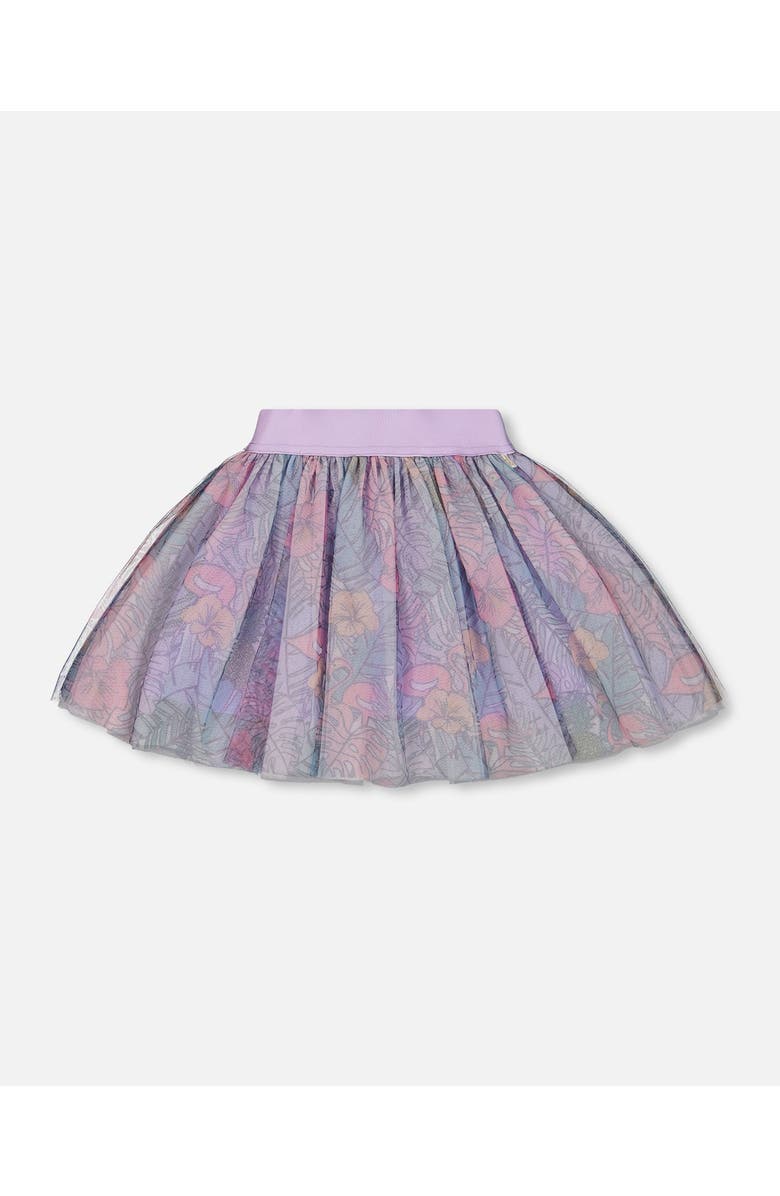 Deux par Deux Little Girl's Printed Mesh Skirt Lilac Tropical And Pink Flamingos, Main, color, 