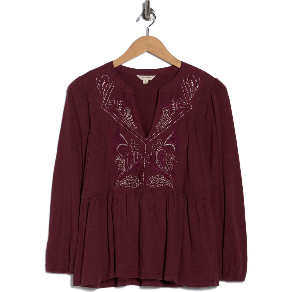 Lucky Brand Split Neck Peplum Top In Burgundy