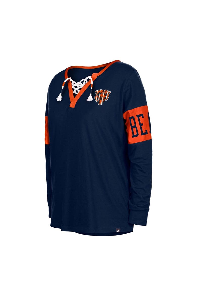 Women's New Era Navy Chicago Bears Lace-Up Notch Neck Long Sleeve T-Shirt, Alternate, color, Navy