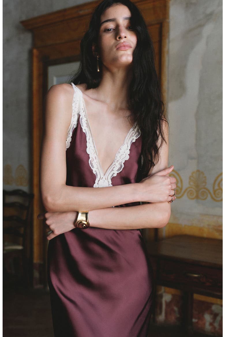 Lace Trim Satin Slipdress, Alternate, color, MAROON