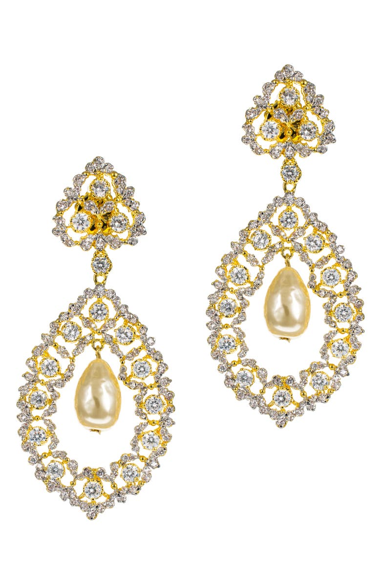 CZ by Kenneth Jay Lane Imitation Pearl Orbital Drop Earrings, Main, color, White/ Clear/ Gold