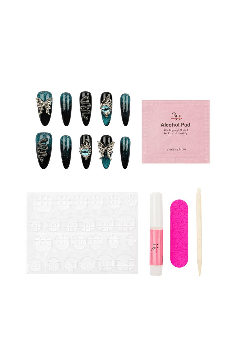 3H Nails Galaxy Wings Luxury Handmade Press On Nails, Alternate, color, Teal, Black