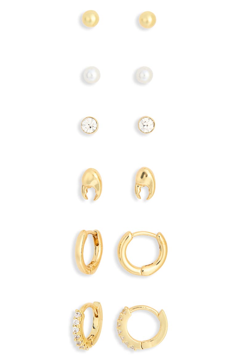 Set of 6 Cubic Zirconia & Faux Pearl Lobster Stud & Huggie Hoop Earrings, Alternate, color, CLEAR- WHITE- GOLD